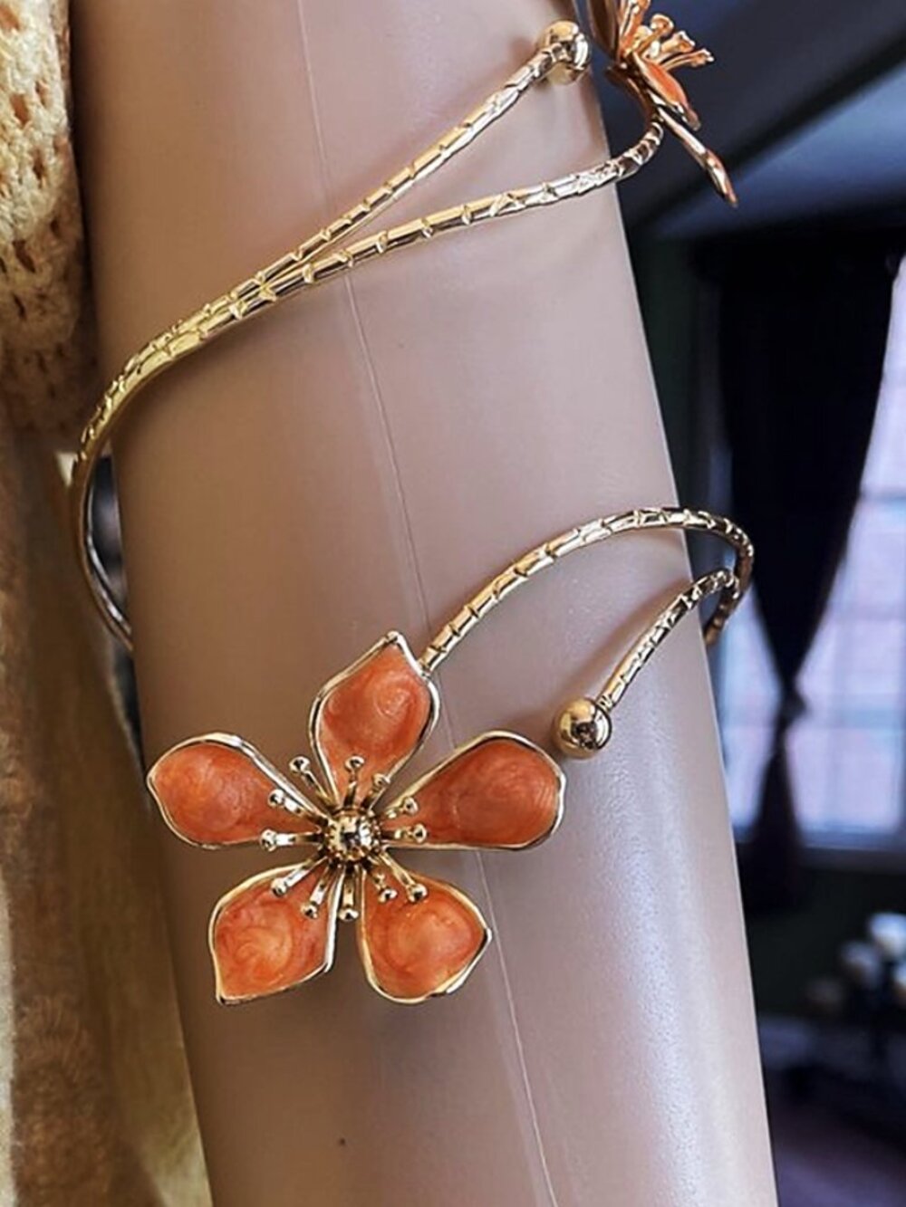 Boho Orange Enamel Flower Arm & Ankle Cuff Bracelet | Adjustable - Picture 8 of 13